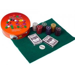 Набор для игры в покер:120 фишек с номиналом, фишка дилера, 2 колоды карт, сукно. :(QH-120):